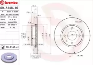 Image of BREMBO Brake disc Internally Vented 09.A148.41 Brake rotor,Brake discs MITSUBISHI,Lancer VII Kombi (CS_W, CT_W),Galant VIII Limousine (EA_)