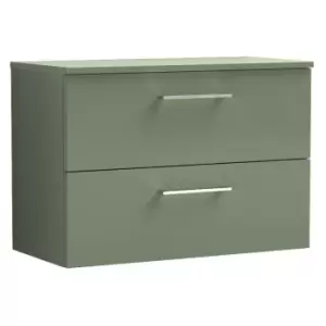 image of Nuie Arno Satin Green 800mm Wall Hung 2 Drawer Vanity Unit with Worktop - ARN826W - Satin Green