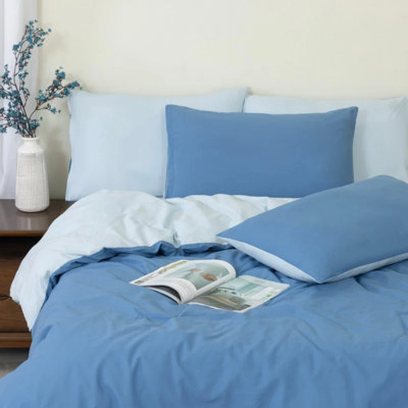 Image of MHG Living Reversible 100% Cotton Duvet Cover Set With Pillowcases - Soft & Breathable Blue Bedding, Button Closure - Single