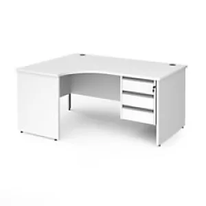 image of Dams International Left Hand Ergonomic Desk with 3 Lockable Drawers Pedestal and White MFC Top with Silver Panel Ends and Silver Frame Corner Post Leg