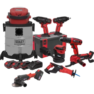 image of Sealey CP20V 20v Cordless 8 Piece Power Tool Kit 2 x 2ah, 1 x 3ah & 1 x 4ah Charger Case