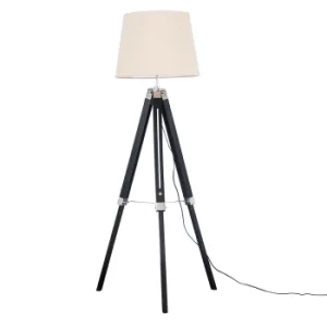 image of Clipper Black and Chrome Tripod Floor Lamp with Beige Aspen Shade