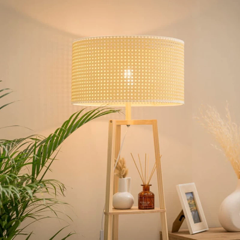 Image of ValueLights ValueLights Hiru 3 Tier Wooden Shelf Floor Lamp with Natural Wicker Shade and Bulb in Nude Nude One Size Unisex 5059406034640