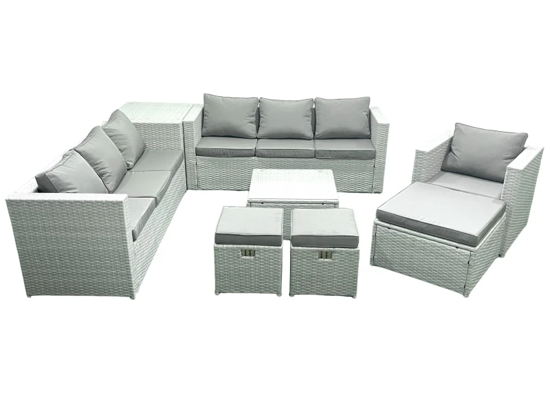 Image of Fimous Wicker PE Rattan Sofa Garden Furniture Set with Armchair Square Coffee Table 3 Footstools Side Table Light Grey Mixed Light Grey