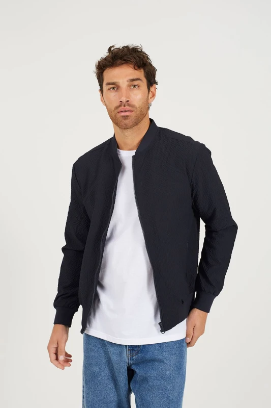 Image of Brave Soul Brave Soul Men Seersucker Bomber Jacket in Navy Size: large Navy L Male 5063487141494