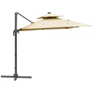 image of Outsunny 3M Cantilever Parasol LED Patio Umbrella For Lawn Beach Poolside - Khaki