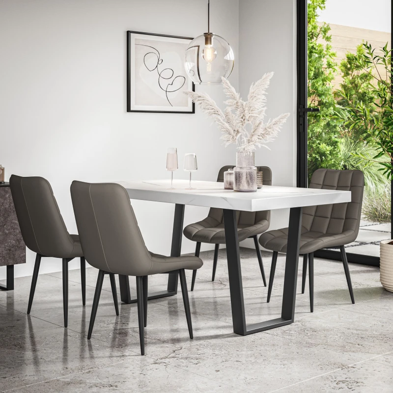 Image of More4Homes Aria Dining Table & Chairs - White Marble Effect Table Top w Black Legs + Nova Faux Leather Dining Chair Set Of 4 in Grey Grey Unisex