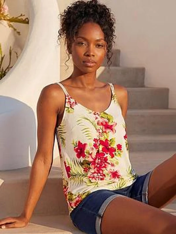 Image of Roman Womens Tropical Print V-Neck Strap Detail Cami Top in Ivory Size: 8 Ivory Female 8