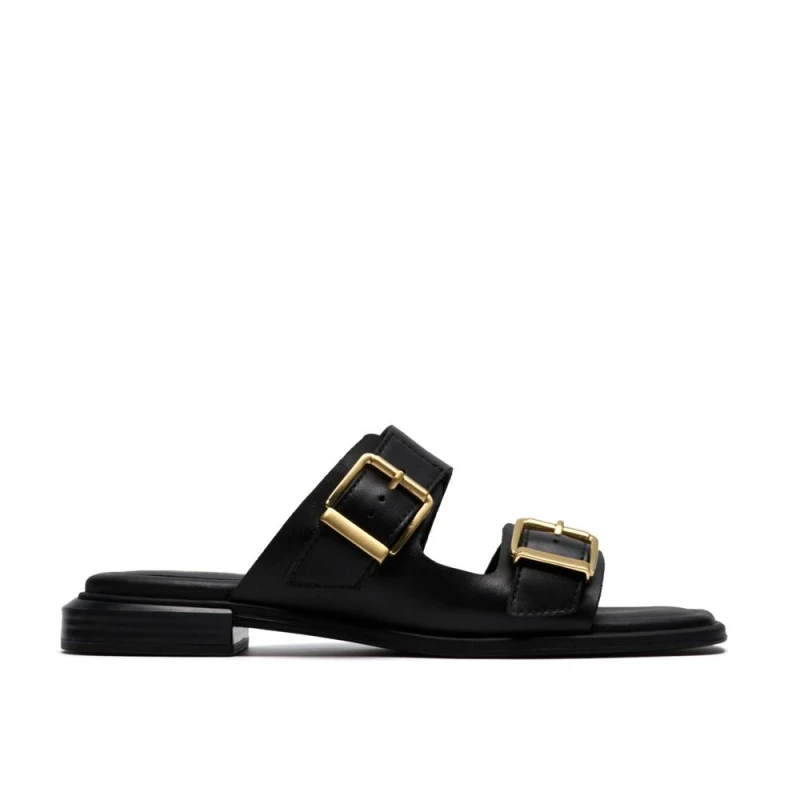 Image of Clarks Womens Ariany Bay Black Leather Flat Sandals, Sliders Size: 7-Standard Fit Black Female 7-Standard Fit