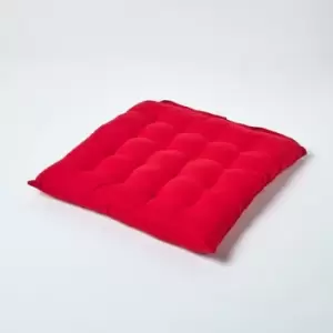 image of Red Plain Seat Pad with Button Straps 100% Cotton 40 x 40cm - Homescapes