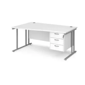 Image of Office Desk Left Hand Wave Desk 1600mm With Pedestal White Top With Silver Frame Maestro 25 MC16WLP3SWH