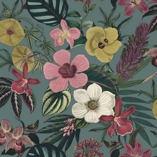 Image of Rasch Floral Leaf Teal Wallpaper Naturistic Botanical Flowers Feature Wall WL-284279