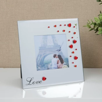 image of 4" x 4" - Glass Photo Frame with Red Diamante Hearts - LOVE