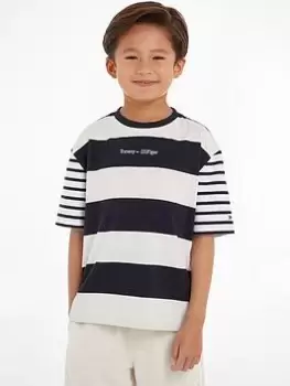 image of Boys, Tommy Hilfiger Bold Stripe Logo short Sleeve T-Shirt - Desert Sky, Navy, Size 12 Years