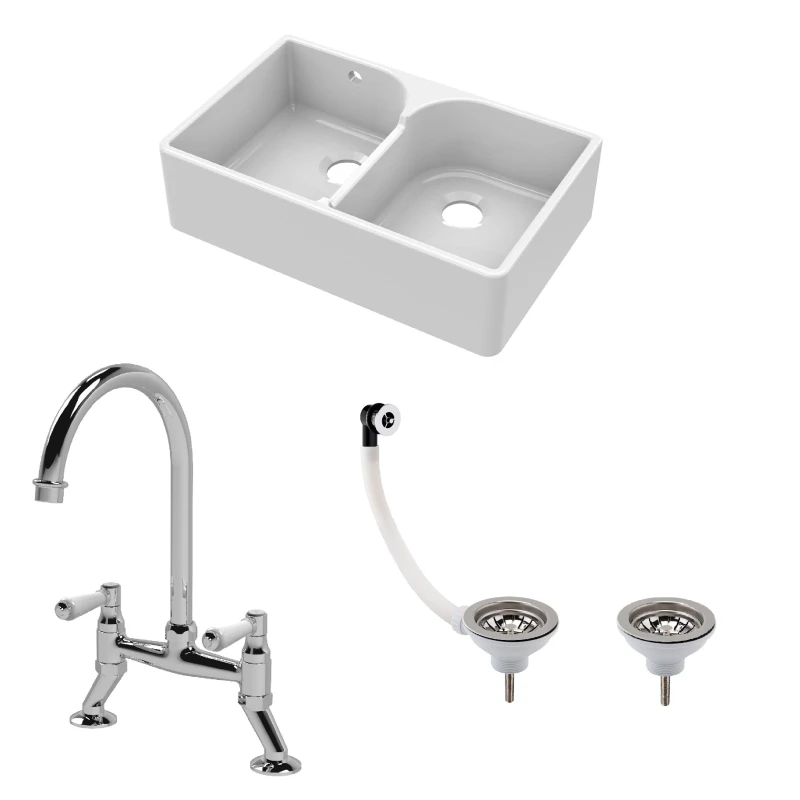Image of Balterley Fireclay 2 Bowl Stepped Weir Butler Sink WastesTap 795mm Silver