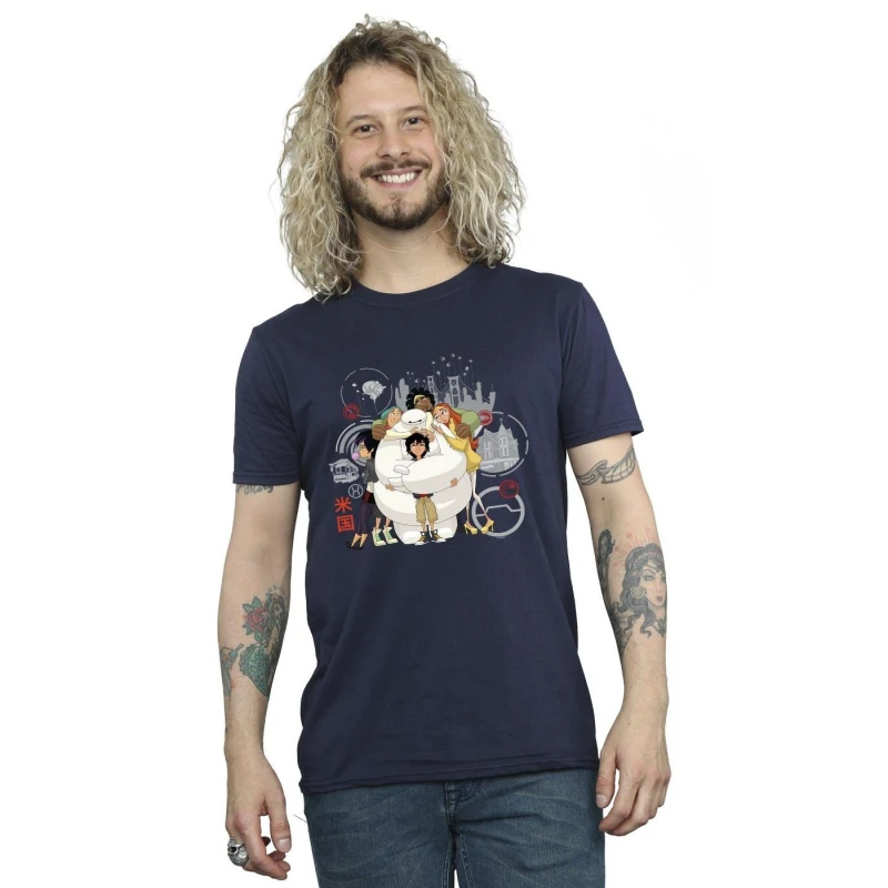 Image of Disney Men Big Hero 6 Baymax Group Hug T-Shirt in Navy Size: Small Navy S Male 5059934884243