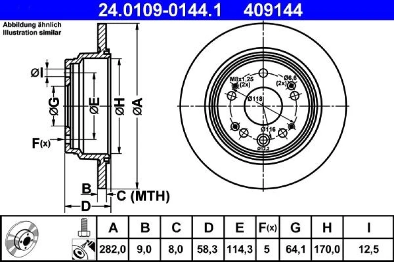 Image of ATE 24.0109-0144.1 Brake disc solid, Coated, with bolts/screws Brake Disc (82)