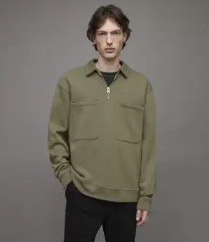 Image of AllSaints Mens Jaxon Half Zip Polo Sweatshirt, Serpentine Green, Size: M