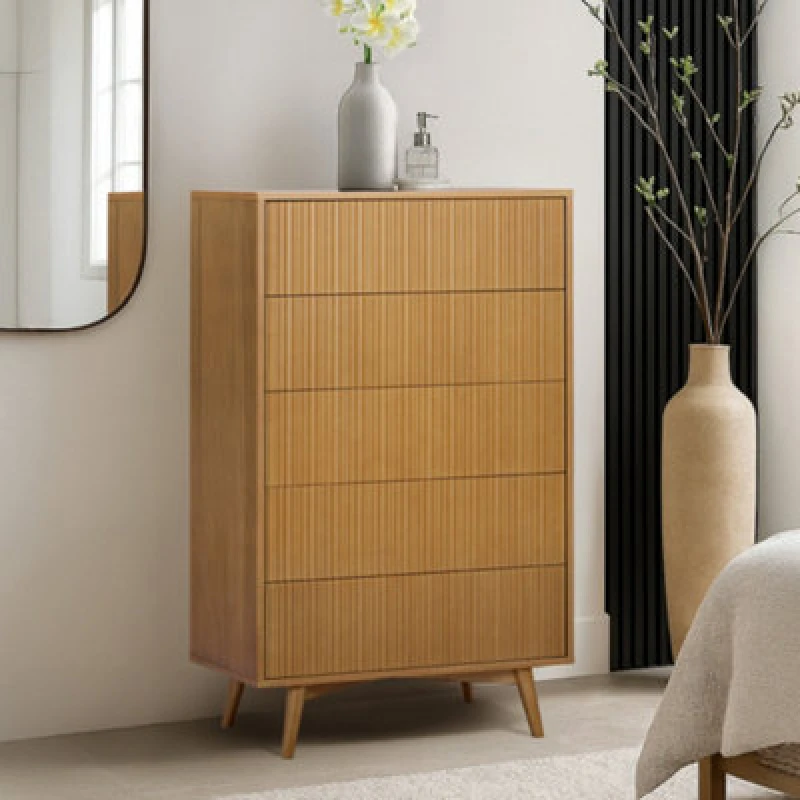 Image of Teamson Home Tremolo Chest Of Drawers 5 Fluted Push-Open Drawer Bedroom Dresser, Natural