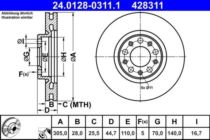 Image of Brake disc ATE 24.0128-0311.1