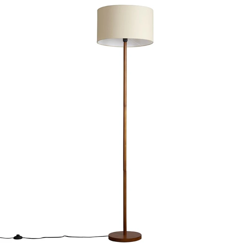 Image of ValueLights Heather Dark Wood Floor Lamp with Fabric Drum Shade and LED Bulb White