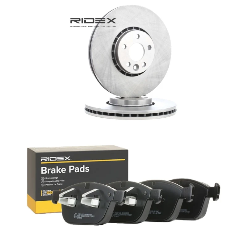 Image of RIDEX 3405B2529 Brake disc and pads set Front Axle, Brake Disc Type: Externally Vented, prepared for wear warning indicator Brake Set,disc brakes (34