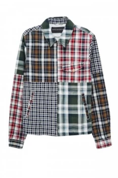Image of Mens French Connection Laundered Oxford Check Patchwork Jacket Blue