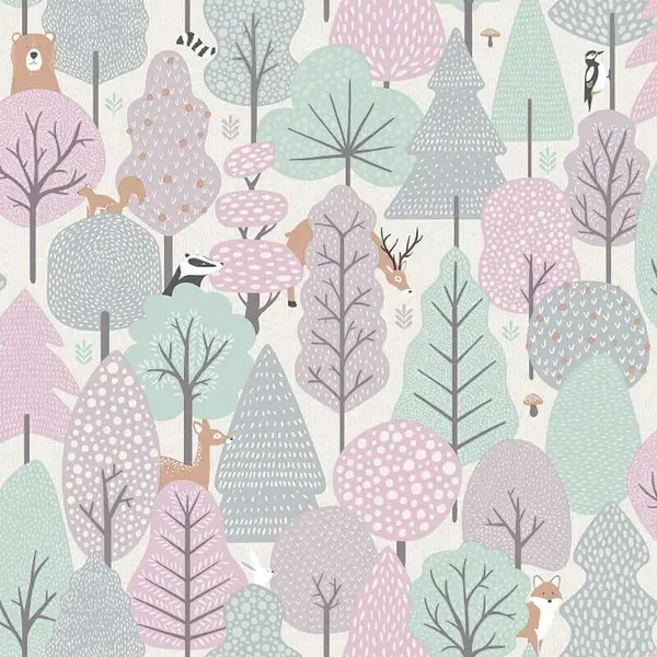 Image of MURIVA Muriva - Children's Wild Wood Pink Wallpaper Naturistic Birds Paste The Wall WL-M51603