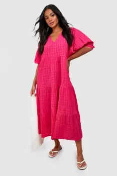 Image of Textured Puff Sleeve Tiered Midi Dress