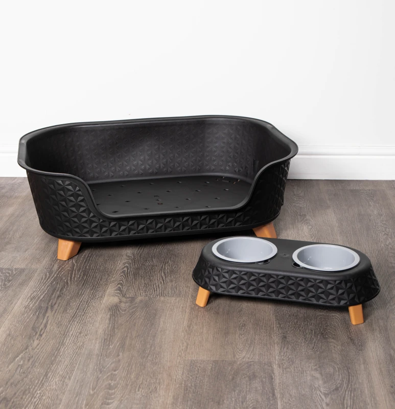 Image of 77cm x 58cm Black Plastic Raised Pet Basket with Legs and Black Plastic Double Pet Bowl Feeder with Stand Set