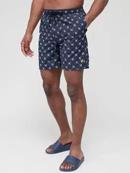 image of Lyle & Scott Shuttle Print Swim Shorts, Navy Size M Men