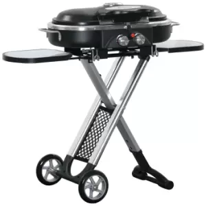 image of Outsunny Foldable 2 Burner Gas BBQ Grill Trolley W/ Side Shelves Storage Pocket