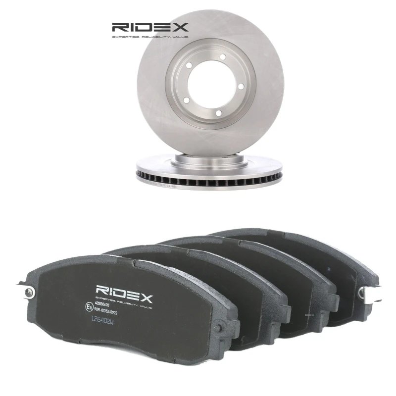 Image of RIDEX 3405B2583 Brake disc and pads set Front Axle, Brake Disc Type: Vented, with acoustic wear warning Brake Set,disc brakes (3405)