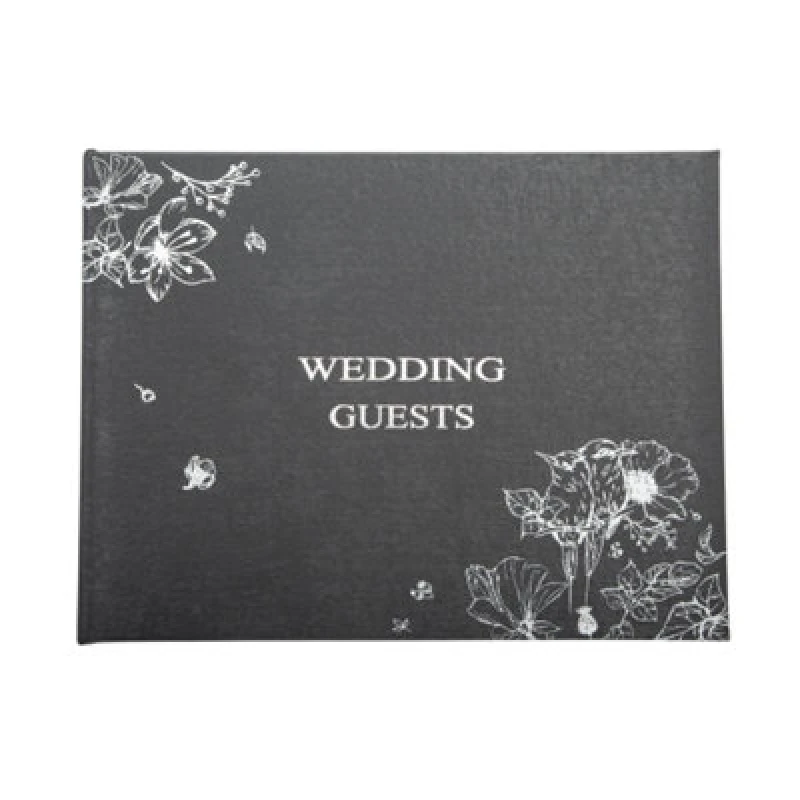 Image of Happy Homewares Beautiful Black Satin Fabric Wedding Day Guest Book With Silver Floral Decor
