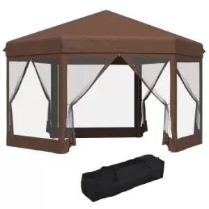 image of Outsunny 3 x 3.5m Hexagonal Pop Up Gazebo w/ Mosquito Netting and Zipped Door - Brown