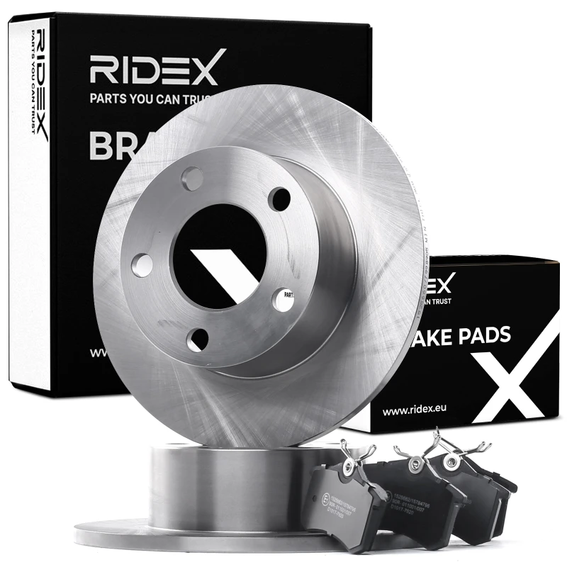 Image of RIDEX 3405B0989 Brake disc and pads set Rear Axle, Brake Disc Type: Solid, not prepared for wear warning indicator Brake Set,disc brakes (3405)