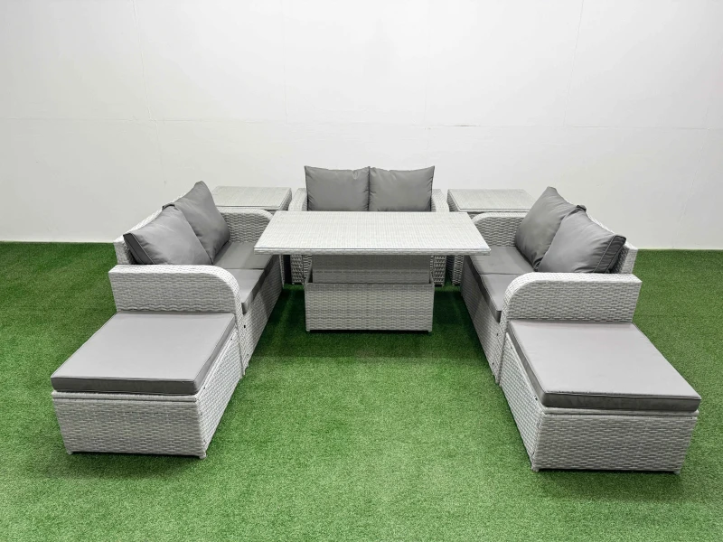 Image of Fimous 8 Seater PE Wicker Rattan Furniture Sofa Sets with Adjustable Lifting Dining or Coffee Table 2 Seater Love Sofa 2 Big Footstool 2 Side Table Li