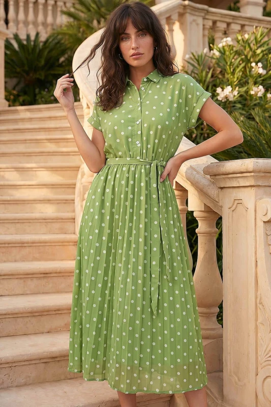 Image of Roman Womens Polka Dot Pleated Shirt Midi Dress in Dark Green Size: 16 Dark Green Female 16