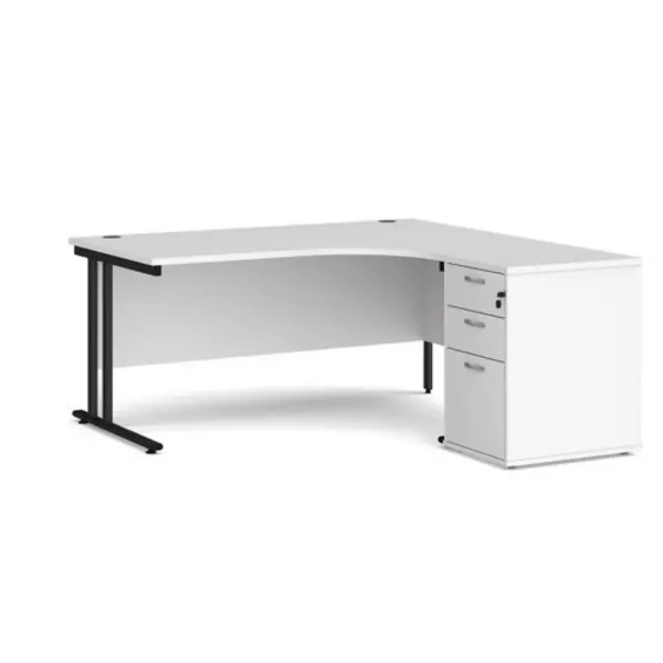 image of Office Desk Right Hand Corner Desk 1600mm With Pedestal White Top With Black Frame Maestro 25