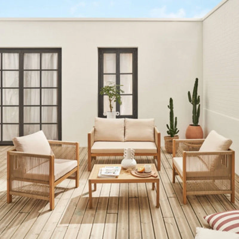 Image of Sweeek - 4-Seater Acacia Wood And Rope Garden Sofa Set Alcira Beige 122X63.5X64 Cm