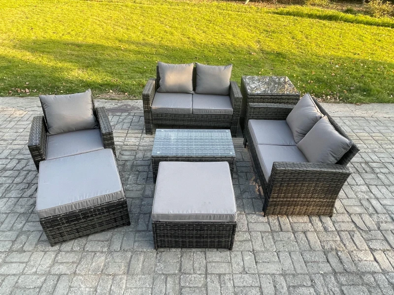 Image of Fimous Rattan Garden Furniture Set 7 Seater Patio Outdoor Lounge Sofa Chair Set with Rectangular Coffee Table 2 Big Footstool Side Table in Dark Grey