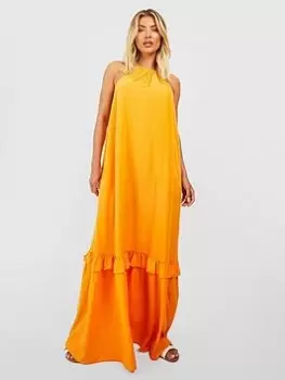 Image of Boohoo Halterneck Ruffle Hem Maxi Dress - Orange, Size 12, Women