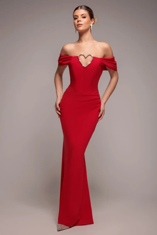 Image of Goddiva Womens Diamante Heart Trim Evening Maxi Dress in Red Size: 8 Red Female 8