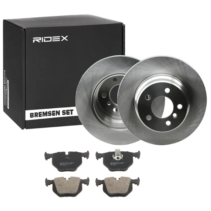 Image of RIDEX 3405B1325 Brake disc and pads set Rear Axle, Brake Disc Type: Solid, prepared for wear warning indicator, with anti-squeak plate Brake Set,disc