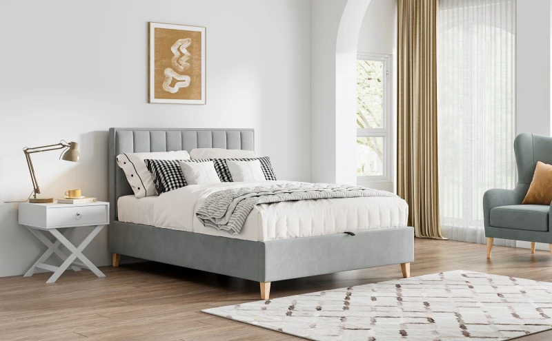 Image of Bedmaster Rhodes Velvet Ottoman Bed & Primrose 2000 Pocket Sprung Memory Foam Mattress in Light Grey Size: King Light Grey Unisex King
