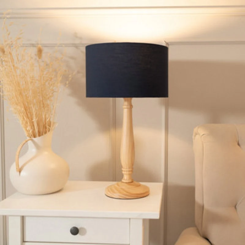 Image of ValueLights Victoria Light Wood Traditional Table Lamp with Fabric Drum Shade and LED Bulb Navy