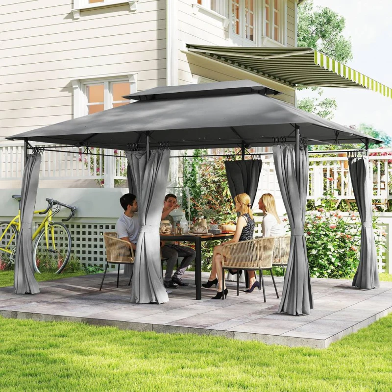 Image of Outsunny x 4m Garden Gazebo with Sides, Double Roof Metal Gazebo, Grey Grey