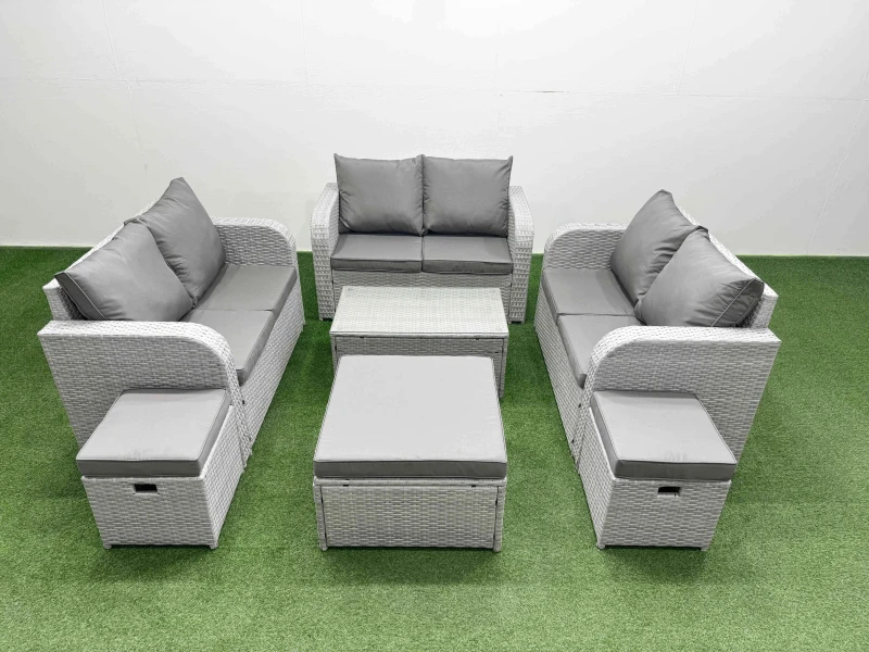 Image of Fimous 9 Seater PE Wicker Rattan Furniture Sofa Sets with Rectangular Coffee Table 2 Seater Love Sofa 3 Stool Light Grey Light Grey