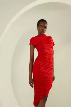 Image of Slinky Jersey Ruched Aysmetric Midi Dress