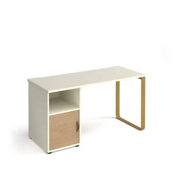 Image of Cairo straight desk 1400mm x 600mm with sleigh frame leg and support pedestal with cupboard door - brass frame, white finish with oak door